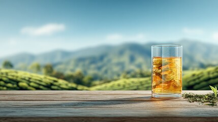 Refreshing glass of iced beverage rests on wooden surface overlooking lush green plantations under blue sky