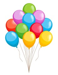 Bunch of colorful, shiny party balloons attached with strings, against white background