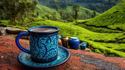 Ornate blue ceramic cup filled with dark beverage rests on a wooden surface overlooking verdant cultivated hills.
