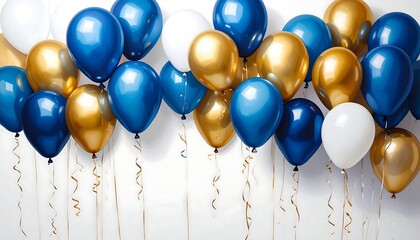 Bunch of blue, gold and white balloons with curling ribbons against a plain white backdrop, suggesting celebration