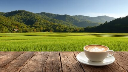 Hot beverage with decorative foam rests upon rustic wooden surface overlooking vibrant green field and forested hills