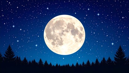 Brilliant moon illuminates a dark sky over a forest silhouette, dotted with countless stars