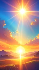 Brilliant sun over grassy hills, painting the sky with orange and blue hues in a serene landscape