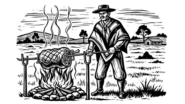 Traditional South American Gaucho Roasting Meat Asado Over Open Fire Rustic Landscape