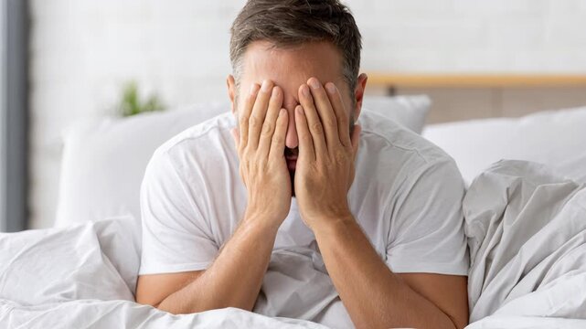 A man in bed with his hands over his eyes, looking distressed and exhausted, due to lack of sleep or stress.