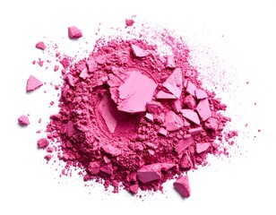 Broken pink cosmetic powder forms a central pile on a white surface, fragments scattered around