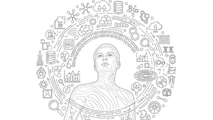 Woman surrounded by symbolic icons and patterns.