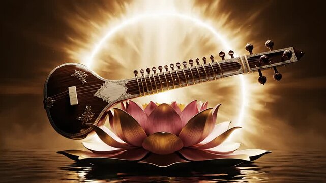 Saraswati's veena rests on a pink lotus, dramatically lit by a divine golden aura, symbolizing vasant panchami.