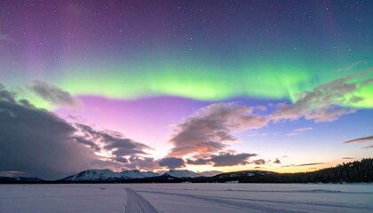 Spectacular Aurora Borealis Display Over Frozen Landscape in Winter.