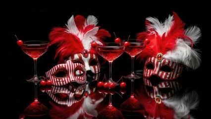 A festive collection of striking red and white masks adorned with feathers beside elegant cocktails on a reflective surface creating a vibrant party atmosphere