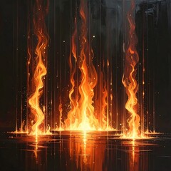 Abstract fiery streams cascade down, reflecting in a dark, shimmering surface. Dynamic interplay of light and shadow