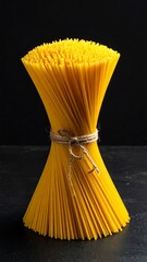 Bundled spaghetti tied with twine. A rich yellow contrasted against a dark stone surface and background