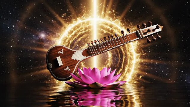 A glowing digital sitar and pink lotus reflect on water, honoring saraswati for vasant panchami.
