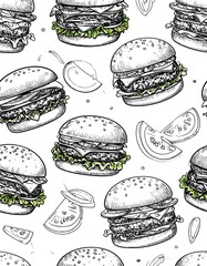 Burger bliss seamless pattern of hand-drawn burgers and tomato slices on white, for a food-themed background