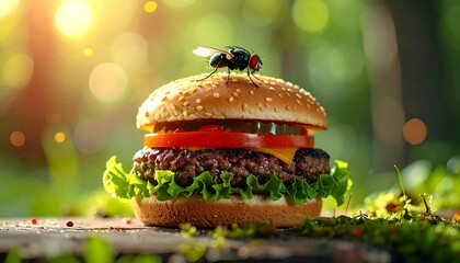Burger topped with a fly, sitting on a wooden surface with a bright, green, blurred background