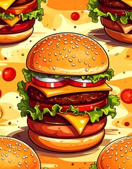 Burgers galore! A delicious arrangement of sesame bun burgers with lettuce, tomato, cheese, and juicy patties