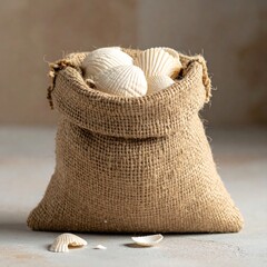 Burlap sack overflows with light-colored, ribbed seashells on a textured surface, soft lighting