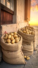 Burlap sacks brimming with potatoes sit outside, bathed in the golden light of a seaside sunset