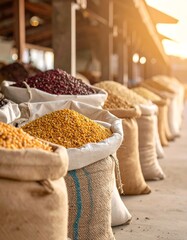 Burlap sacks are filled with colorful dried goods, lined up in a marketplace under bright light