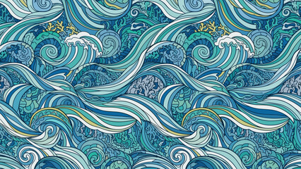 Vibrant swirling ocean waves in shades of blue and white with yellow accents