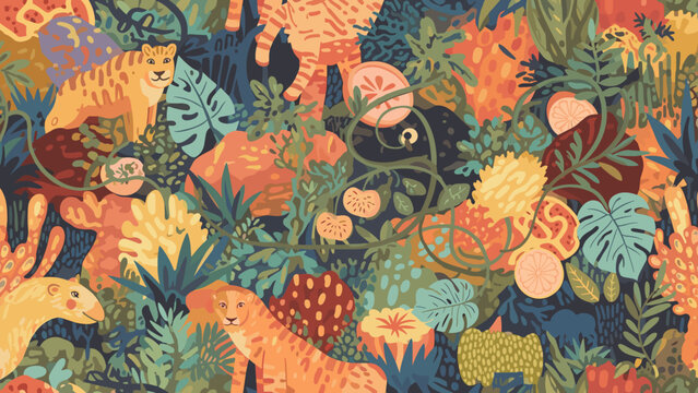 Vibrant jungle scene with exotic plants and animals in a colorful ecosystem