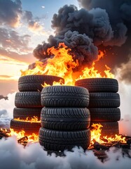 Burning tires stacked high, engulfed in flames and smoke against a sunset sky