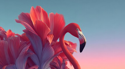 Vibrant fuchsia flamingo with delicate, layered feathers against a soft gradient sky
