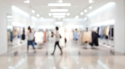 A blurred view of a brightly lit retail store interior with indistinct figures of shoppers browsing through clothing racks and displays