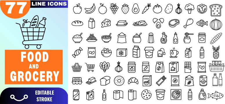 Grocery food and product categories line icon set of 77 editable stroke symbols &ndash; stuning thin outline vector icons for business, e-commerce and design projects