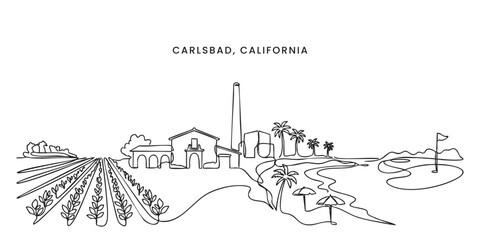 Obraz premium Carlsbad, California City Skyline Continuous Line Art with Flower Fields and Golf