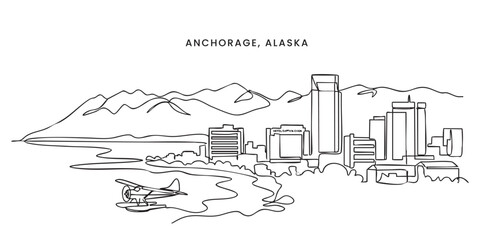 Obraz premium Anchorage, Alaska City Skyline Continuous Line Art with Mountains and Seaplane