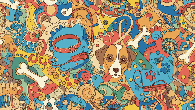 Colorful puzzle pieces with dog face and various shapes and objects