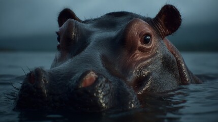 Intense Close-up Portrait of a Damp Charcoal-Colored Hippopotamus Emerging from Water