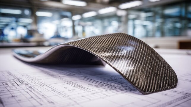Curving aerodynamic carbon fiber winglet prototype rests on technical blueprints in a modern industrial setting