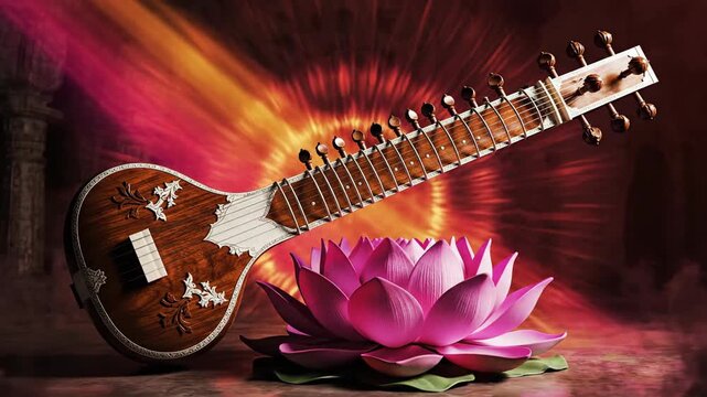 A spiritual sitar and pink lotus glow dramatically against a dark temple background for vasant panchami.