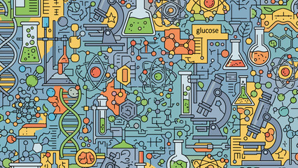 Obraz premium Colorful illustration of various science and laboratory elements in a seamless pattern design