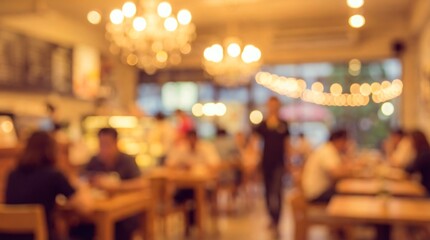 A warmly lit restaurant interior shows blurred patrons dining at wooden tables with a staff member moving through the space creating a cozy