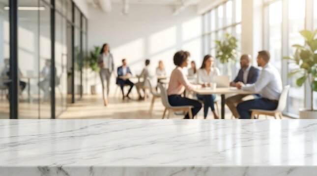 A brightly lit modern office space features people collaborating around a table with a blurred foreground marble countertop and large windows high quality - Powered by Adobe