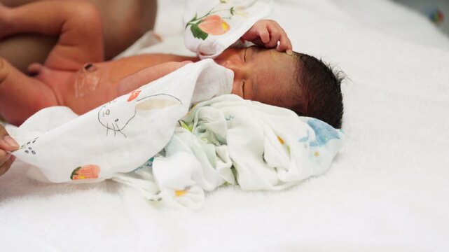 A newborn baby crying while lying on a white towel after bath. Captures the raw and tender moment of infant care and emotional needs.
