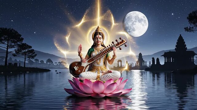 Mystical saraswati, playing the veena on a pink lotus, glows under the full moon for vasant panchami.