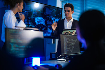 Industrial design team planning future transport strategy. Executive presenting new smart mobility concept and market trend analysis on digital board during late night workshop.