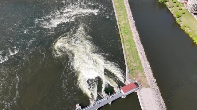 Aerial of Appleton Wisconsin on sunny Summer Day.  Birdseye view of Dam.