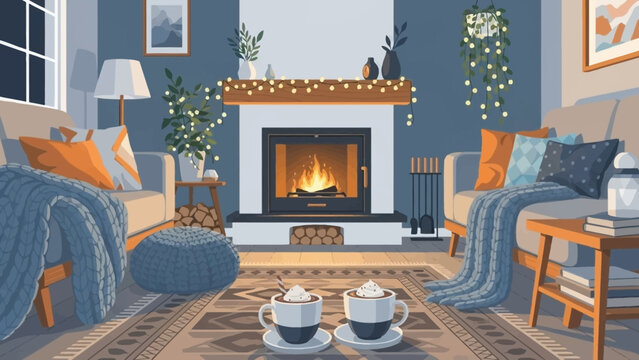 Cozy Living Room with Fireplace and Hot Cocoa