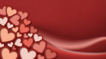 Collection of pink and red hearts on a wavy red background for valentines day or love themed designs and decorations