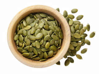 Shelled green pumpkin seeds (pepitas) overflowing from a small wooden serving bowl, displayed against a deep dark expanse