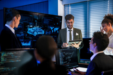 Autonomous driving software team reviewing car AI simulation. Engineers and managers discussing self-driving vehicle safety systems in high-tech control room center.