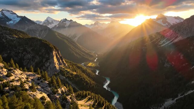 Exploring a Mountain Valley at Sunrise in a Peaceful Panoramic Scene
