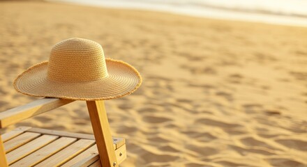 Beach chair with hat on sandy shore