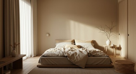 Bedroom interior with sunlight and bed