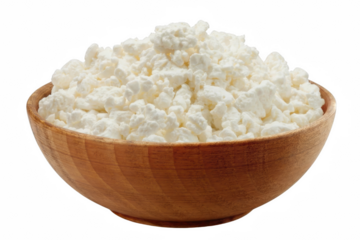 Fresh creamy cottage cheese curds overflowing a rustic wooden bowl